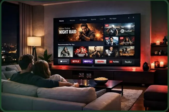 Sala aconchegante com televisão exibindo opções de entretenimento